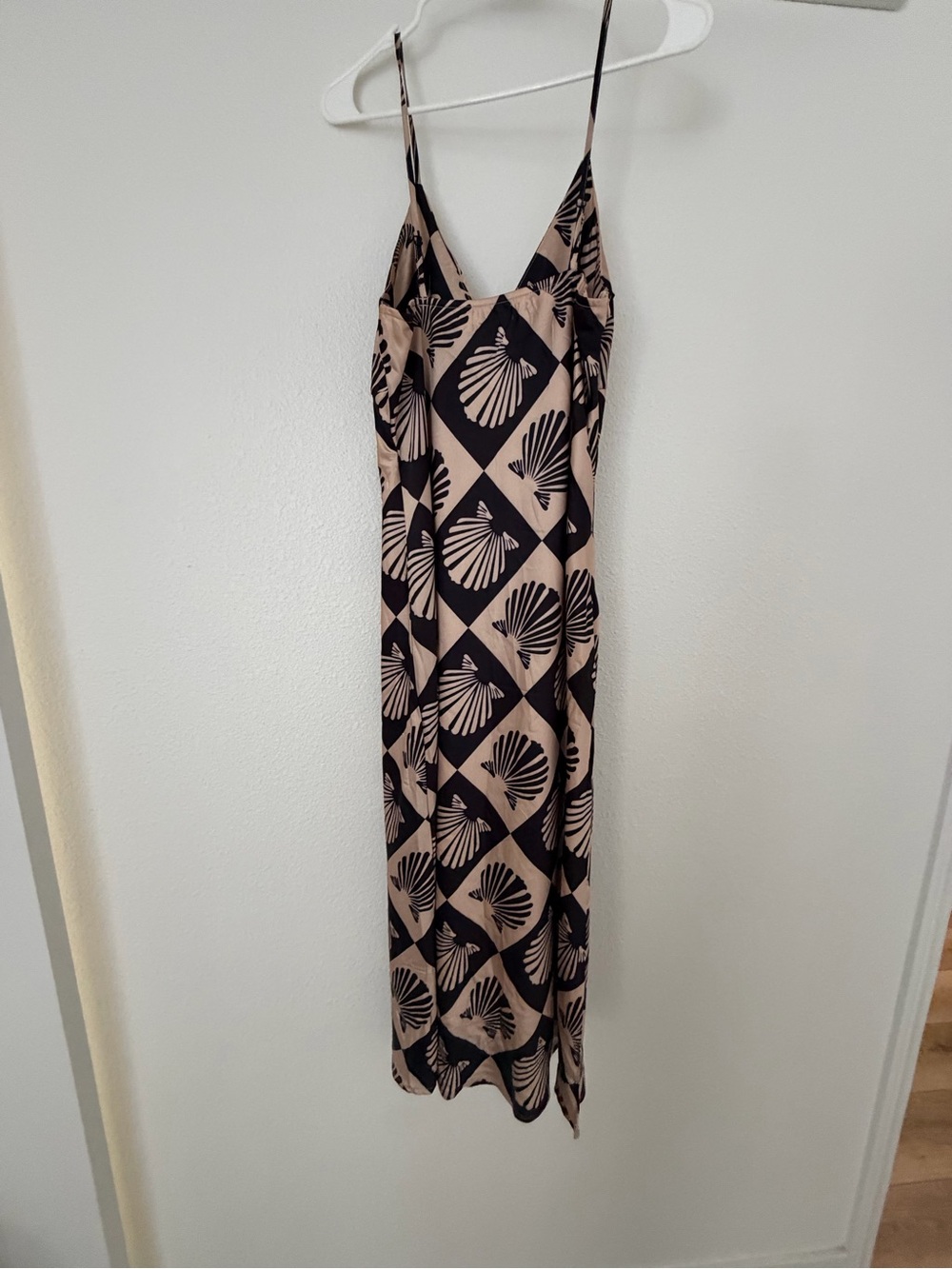 Beige and Black Printed Midi Slip Dress with Spaghetti Straps - Picture 3 of 3